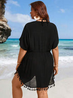 Saída De Praia Curta Com Amarração E Franjas Plus Size
