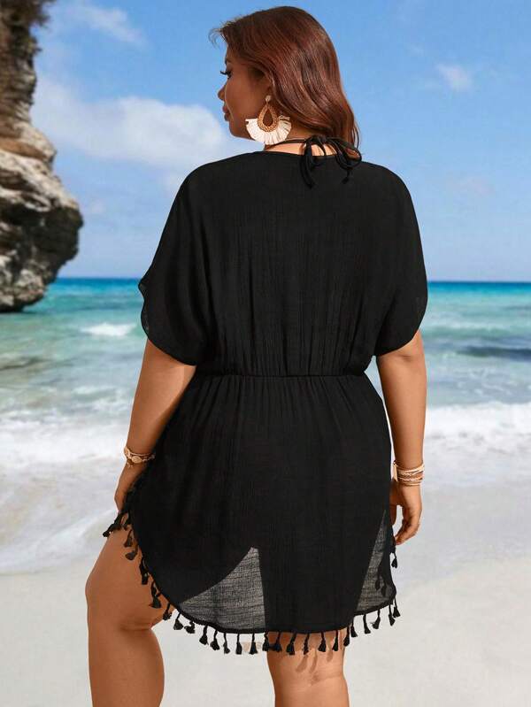 Saída De Praia Curta Com Amarração E Franjas Plus Size
