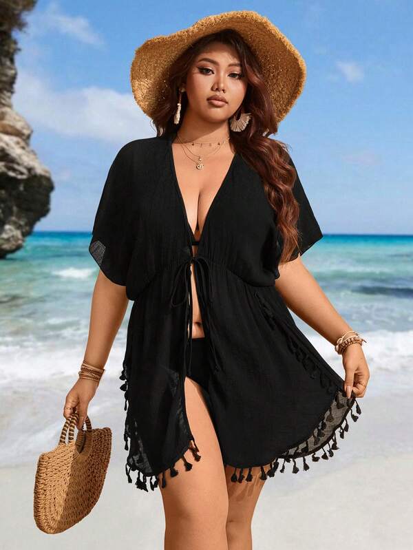 Saída De Praia Curta Com Amarração E Franjas Plus Size