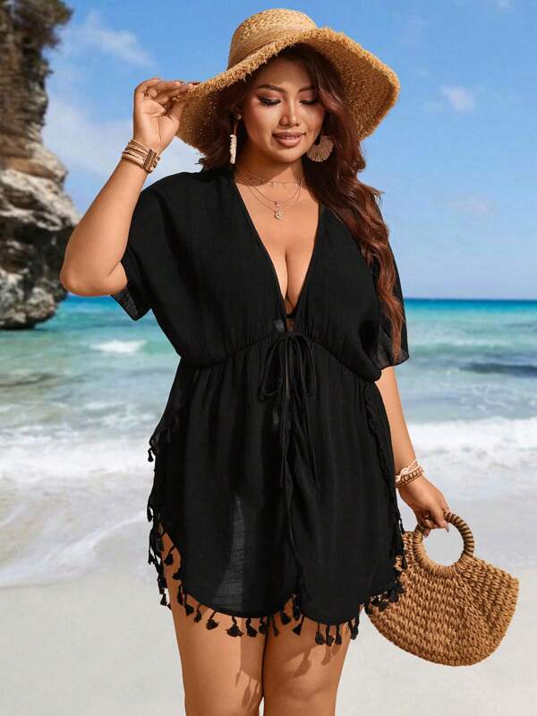 Saída De Praia Curta Com Amarração E Franjas Plus Size
