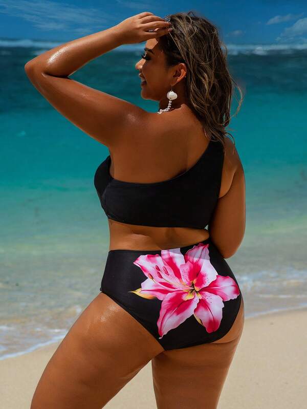 Conjunto Ombro Único Estampado Floral Com Pareô Plus Size