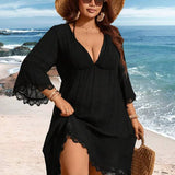 Saída De Praia Vestido Curto Com Renda E Manga Sino Plus Size