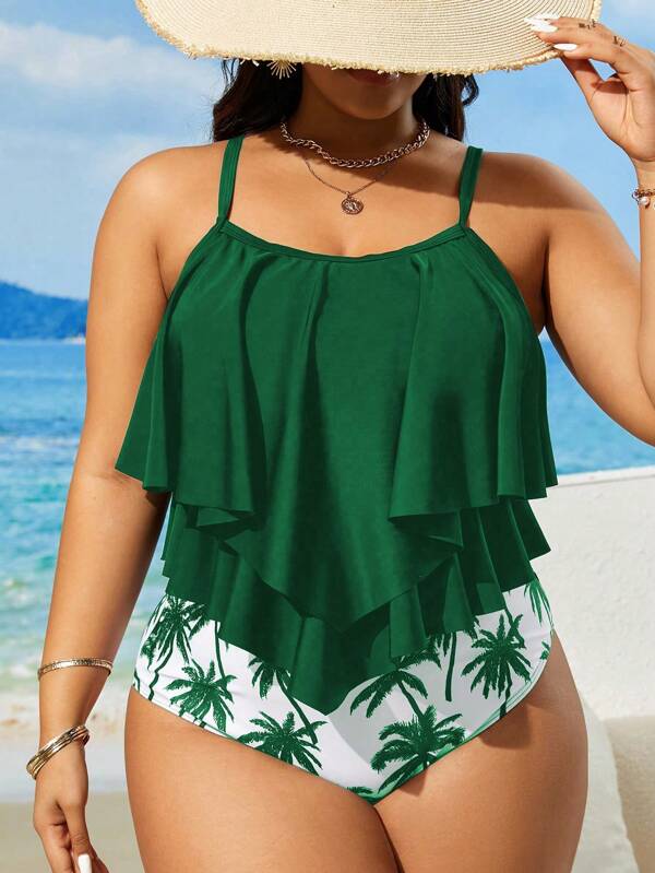 Tankini Alças Finas Com Babados Em Camadas Solto Plus Size