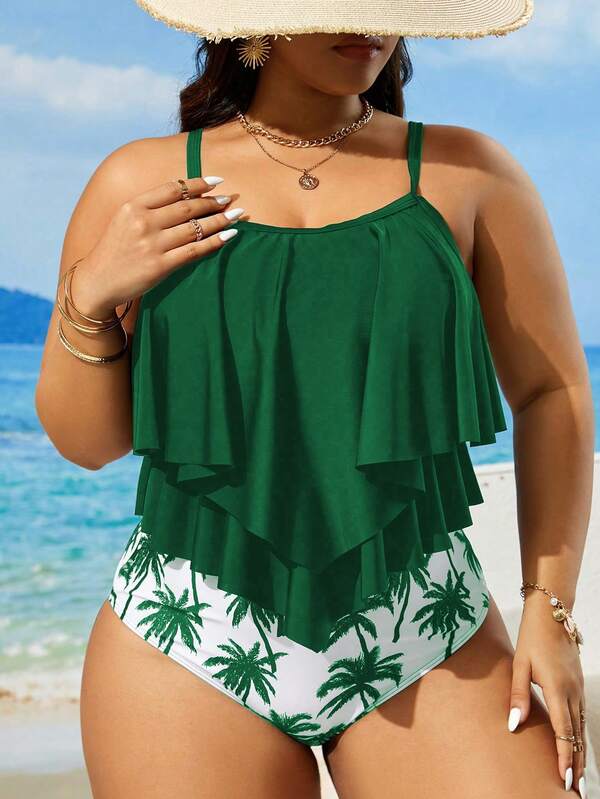 Tankini Alças Finas Com Babados Em Camadas Solto Plus Size