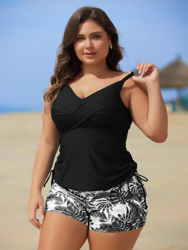 Tankini Decote V Transpassado Modelador Drapeado Plus Size