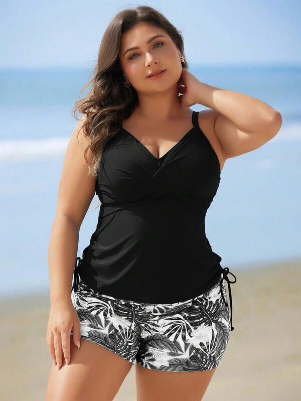 Tankini Decote V Transpassado Modelador Drapeado Plus Size