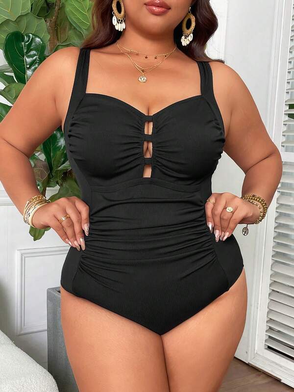 Maiô Regata Franzido Com Recortes Modelador Plus Size