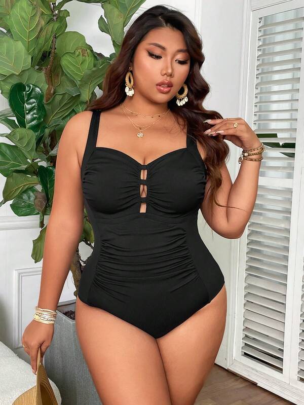 Maiô Regata Franzido Com Recortes Modelador Plus Size