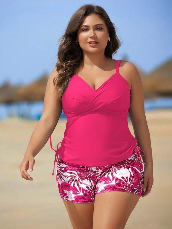 Tankini Decote V Transpassado Modelador Drapeado Plus Size