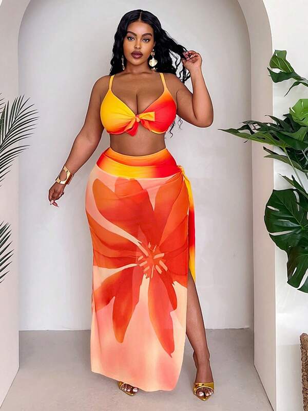 Conjunto Pareô Cintura Alta Estampado Degradê Floral Plus Size