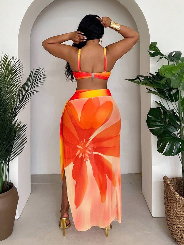 Conjunto Pareô Cintura Alta Estampado Degradê Floral Plus Size