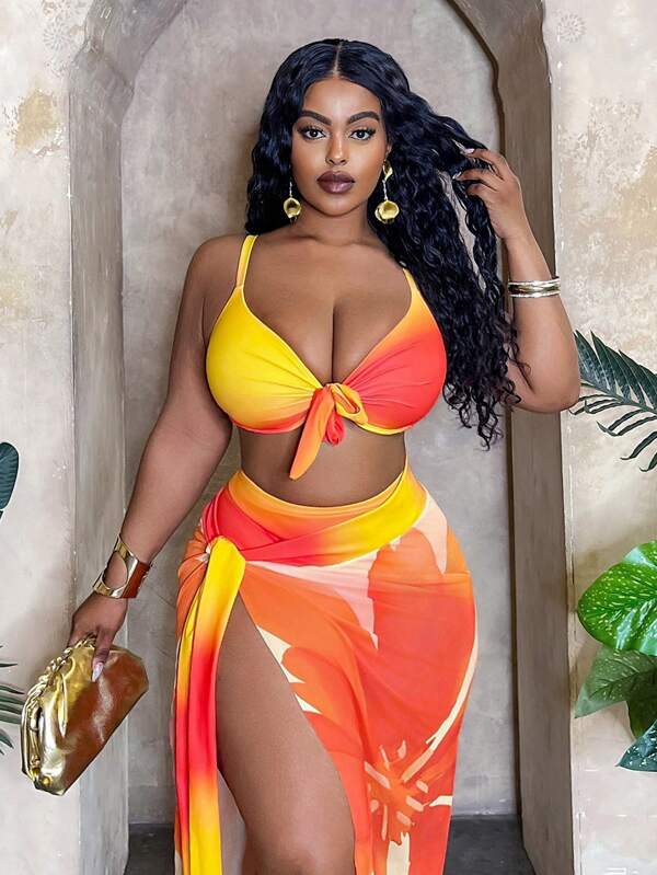 Conjunto Pareô Cintura Alta Estampado Degradê Floral Plus Size