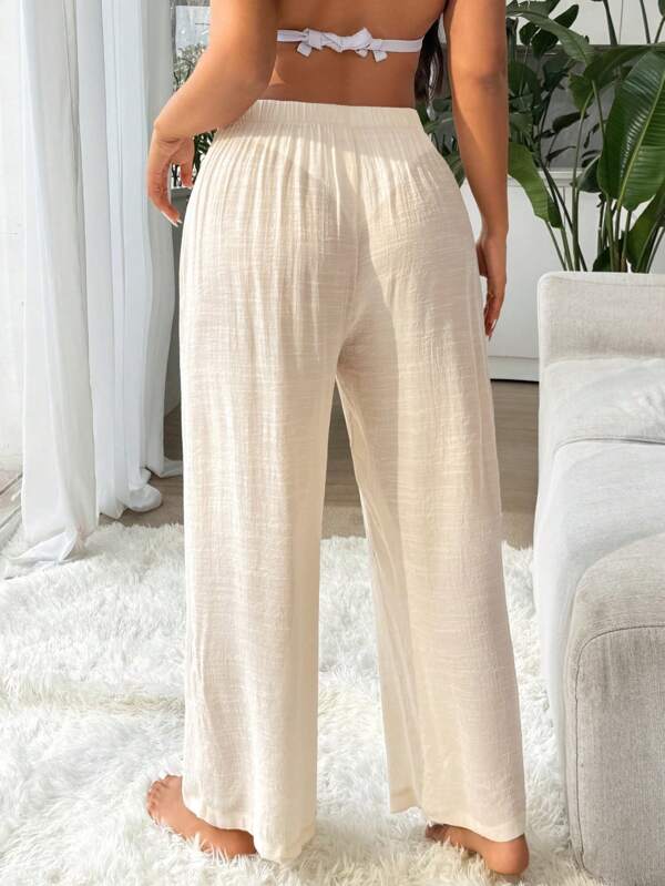 Saída De Praia Calça Pantalona Texturizada Resort Plus Size