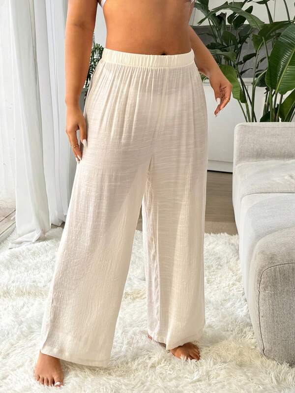 Saída De Praia Calça Pantalona Texturizada Resort Plus Size