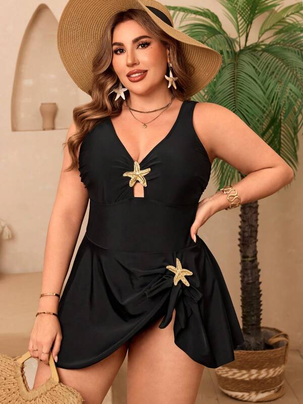 Maiô Decote V Com Aviamento E Saia Modelador Plus Size