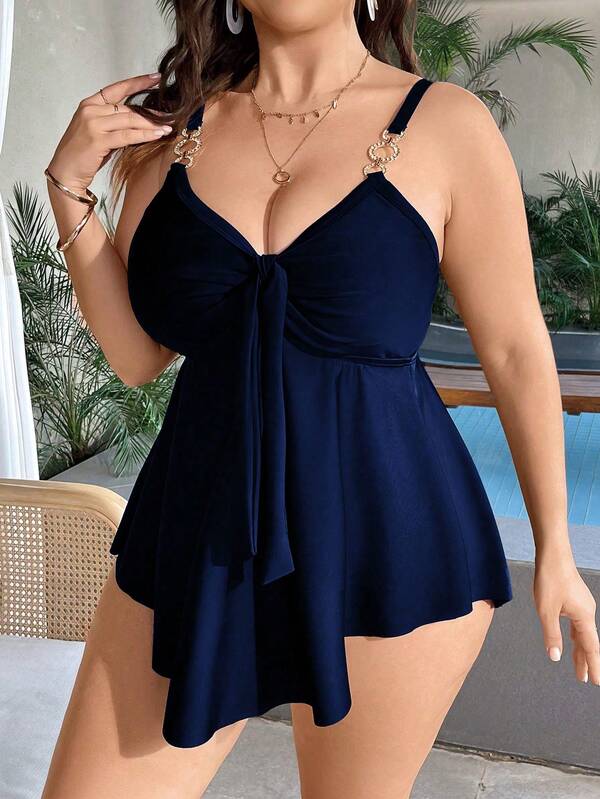 Tankini Decote V Com Argolas E Faixa Alongado Plus Size