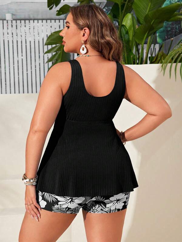 Tankini Decote V Canelado Com Amarração Alongado Plus Size