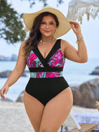 Maiô Decote V Modelador Estampado Tropical Resort Plus Size