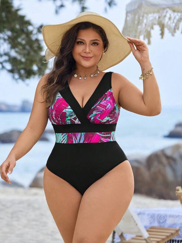 Maiô Decote V Modelador Estampado Tropical Resort Plus Size