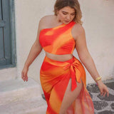 Conjunto Ombro Único Cintura Alta Com Pareô Degradê Plus Size