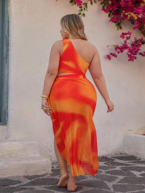 Conjunto Ombro Único Cintura Alta Com Pareô Degradê Plus Size