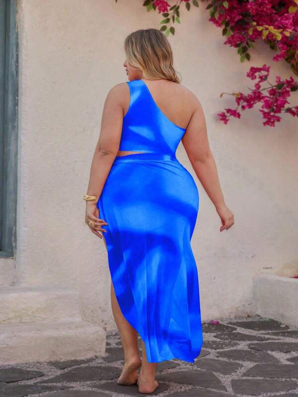Conjunto Ombro Único Cintura Alta Com Pareô Degradê Plus Size