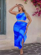 Conjunto Ombro Único Cintura Alta Com Pareô Degradê Plus Size