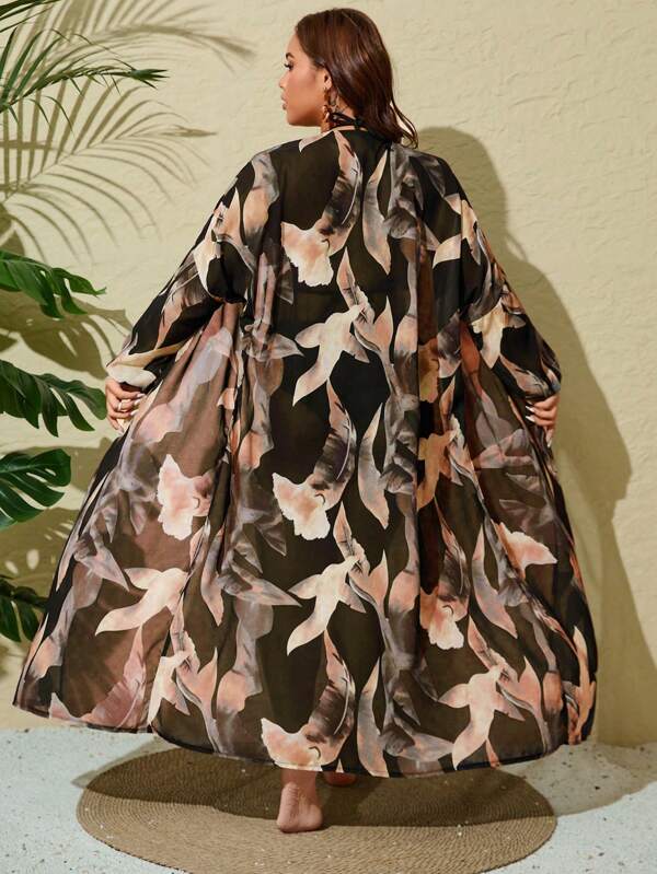 Saída De Praia Kimono Longo Estampado Com Amarração Plus Size