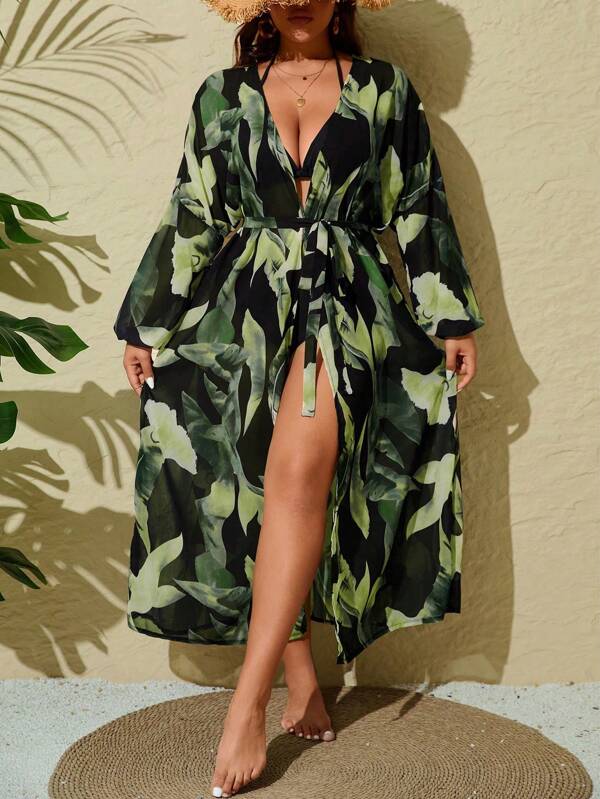 Saída De Praia Kimono Longo Estampado Com Amarração Plus Size