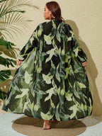 Saída De Praia Kimono Longo Estampado Com Amarração Plus Size