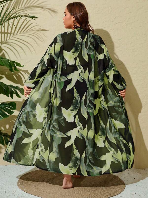 Saída De Praia Kimono Longo Estampado Com Amarração Plus Size