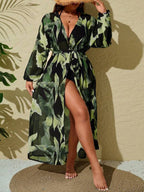 Saída De Praia Kimono Longo Estampado Com Amarração Plus Size