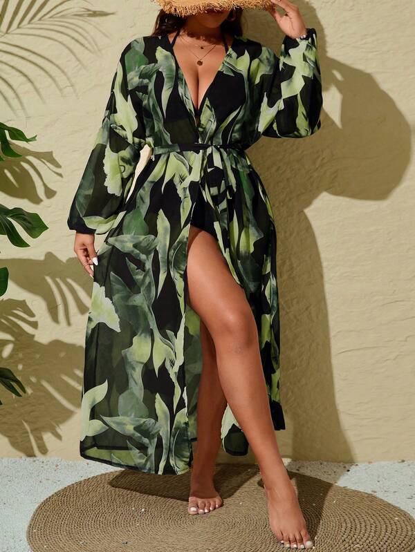 Saída De Praia Kimono Longo Estampado Com Amarração Plus Size