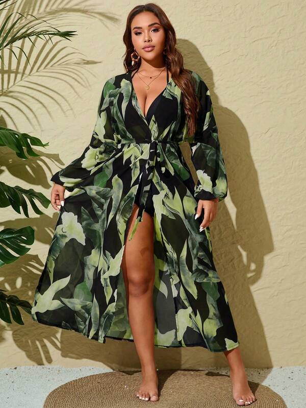 Saída De Praia Kimono Longo Estampado Com Amarração Plus Size