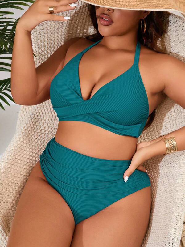Biquíni Frente Única Cintura Alta Drapeado Canelado Plus Size