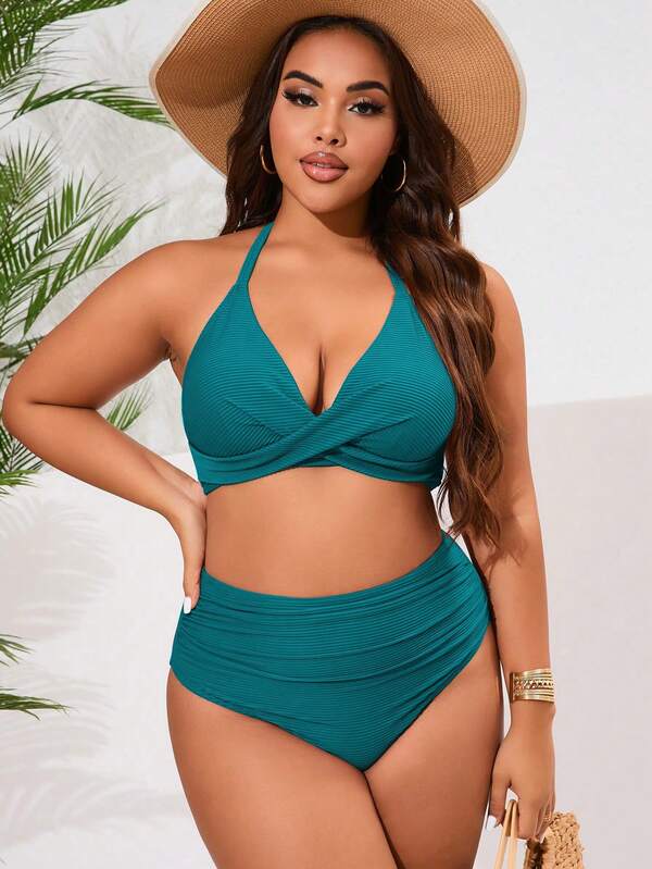 Biquíni Frente Única Cintura Alta Drapeado Canelado Plus Size