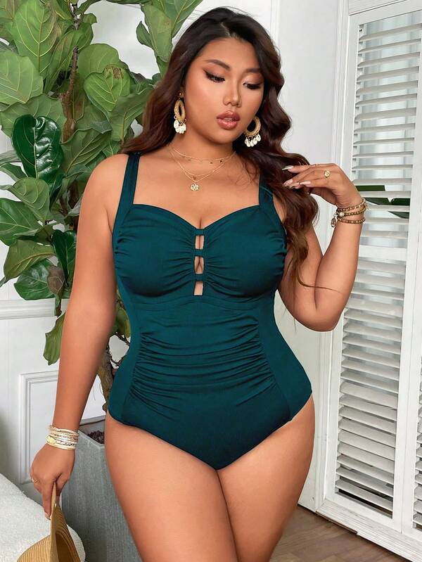 Maiô Regata Franzido Com Recortes Modelador Plus Size