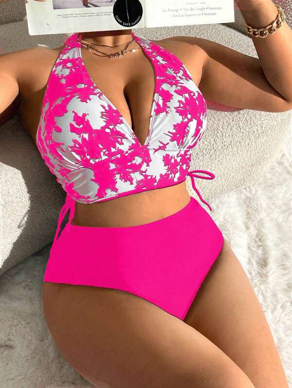 Biquíni Frente Única Cintura Alta Estampado m Cima Plus Size