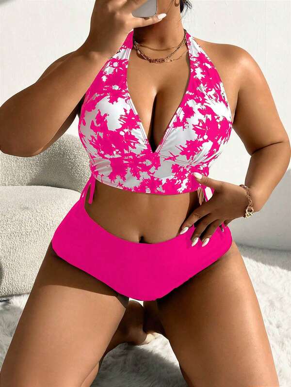 Biquíni Frente Única Cintura Alta Estampado m Cima Plus Size