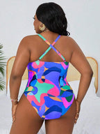 Maiô Frente Única Franzido Estampado Resort Plus Size