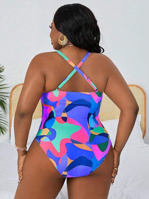 Maiô Frente Única Franzido Estampado Resort Plus Size