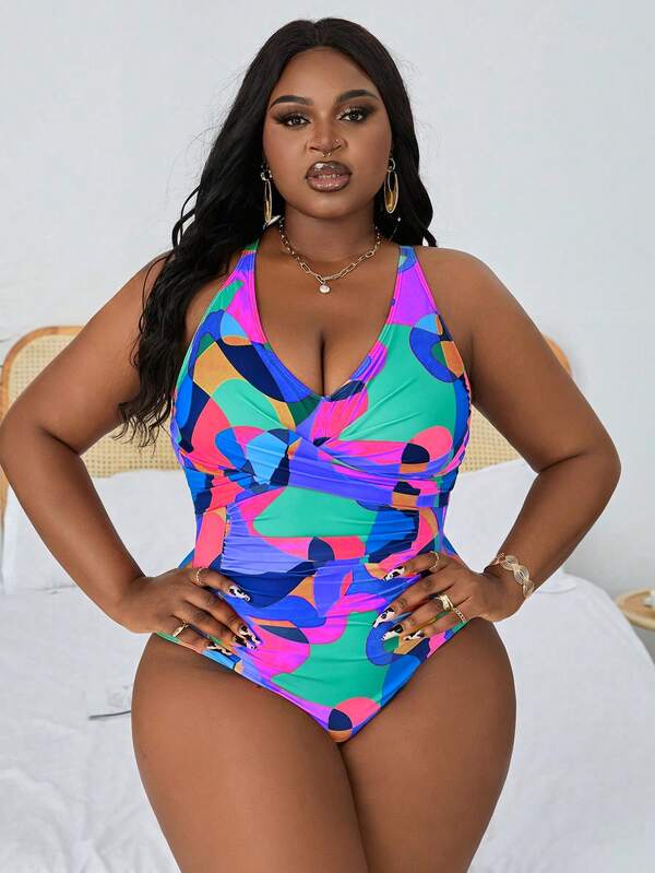 Maiô Frente Única Franzido Estampado Resort Plus Size