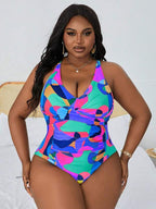 Maiô Frente Única Franzido Estampado Resort Plus Size