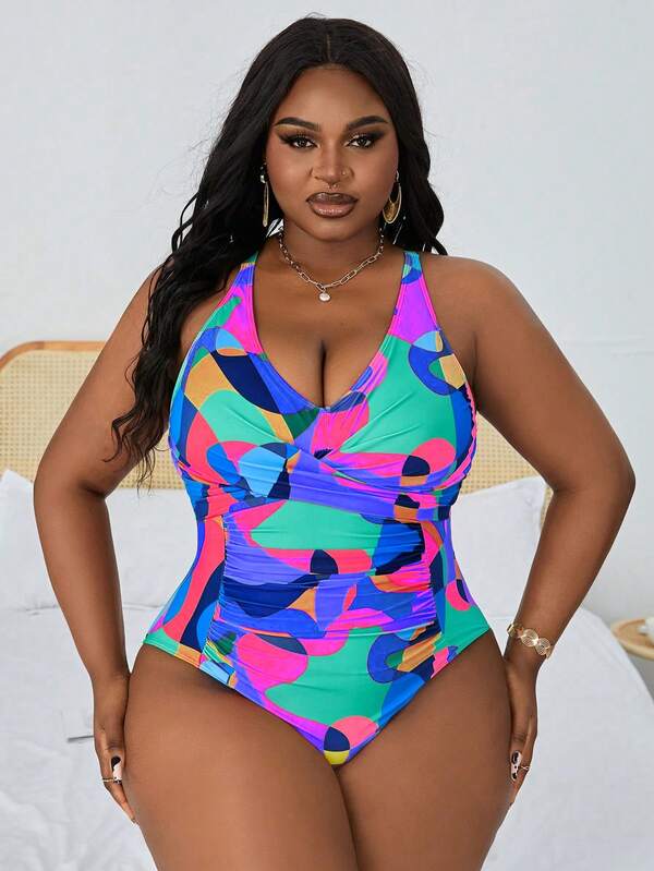 Maiô Frente Única Franzido Estampado Resort Plus Size