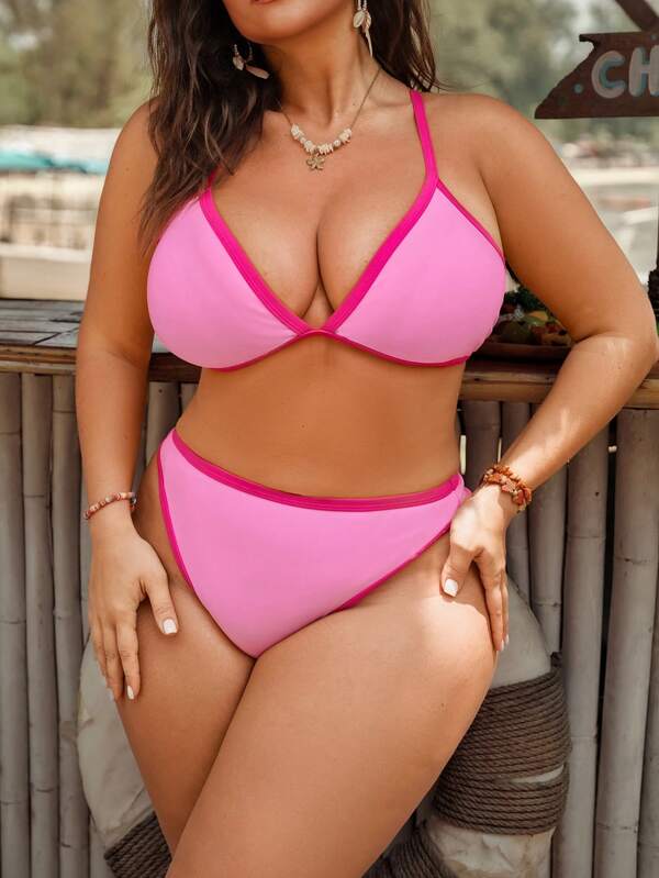 Biquíni Triângulo Cintura Alta Estilo Bicolor Plus Size