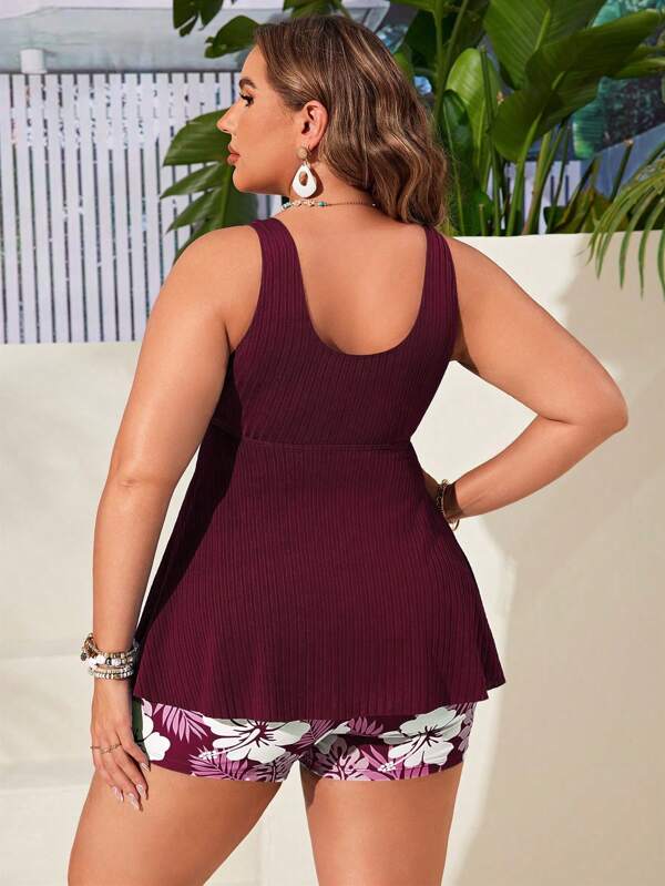 Tankini Decote V Canelado Com Amarração Alongado Plus Size