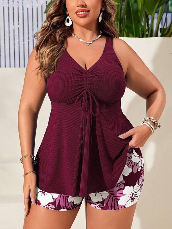 Tankini Decote V Canelado Com Amarração Alongado Plus Size