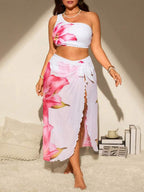 Conjunto Ombro Único Estampado Floral Com Pareô Plus Size