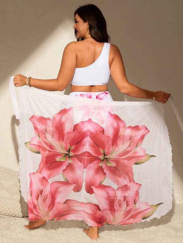 Conjunto Ombro Único Estampado Floral Com Pareô Plus Size
