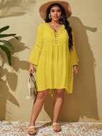 Saída De Praia Kaftan Curto Com Manga Ampla E Vazados Plus Size